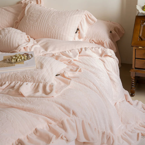Soft Crinkle Jacquard Cotton Linen-Blend Ruffled Duvet Cover Set