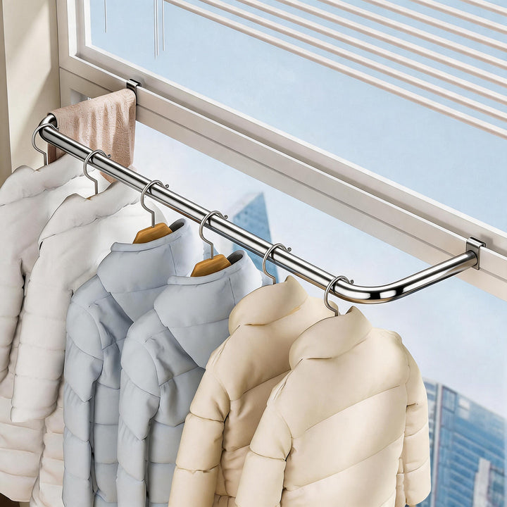 Over-Window Folding Clothes Drying Rack with Slim Clamp and Curved Extendable Arm