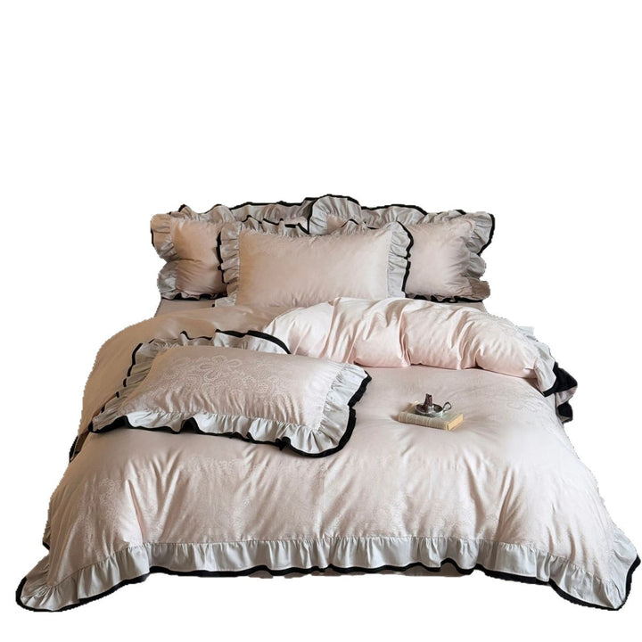 Bedding set with double-layer ruffle and jacquard texture