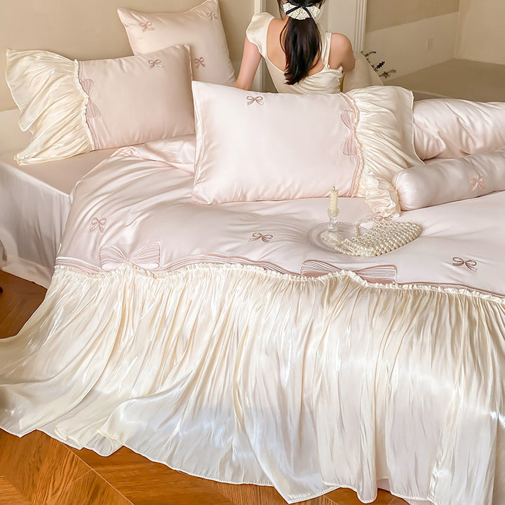 Luxury Satin Ruffled Bow-Embroidered Bedding Set