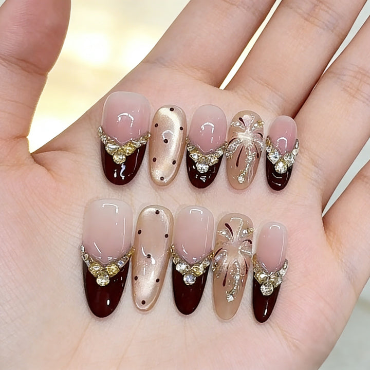 Decorative Press-On Nail Art Set with Luxurious Gem Accents Bowlift