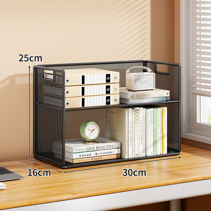 Two-Tier Metal Mesh Desktop Shelf Organizer with Handle and Open Compartments
