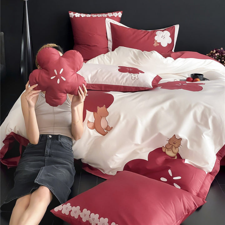 Cotton Sateen Duvet Cover Set with Embroidered Fox and Cat Appliqué