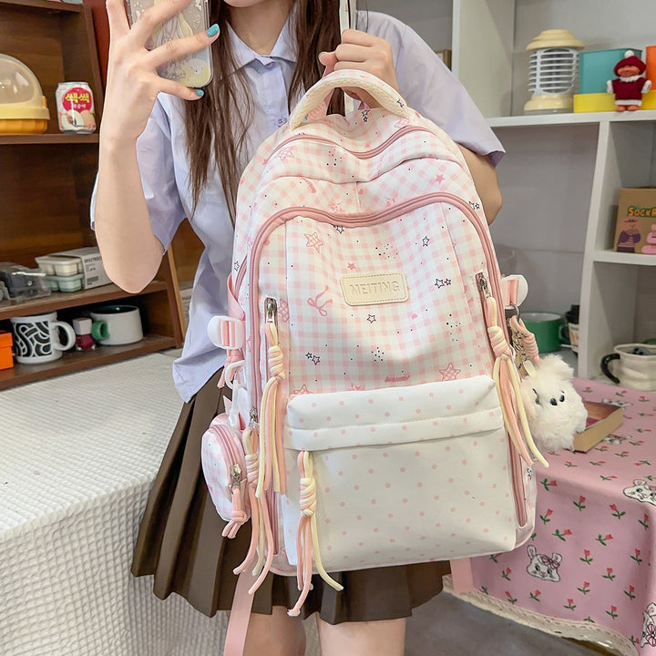 Decorative Plaid and Star Patterned Backpack Bowlift
