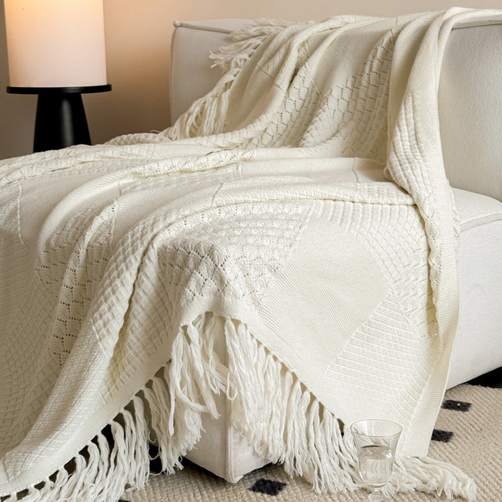 Textured Knit Fringe Throw Blanket
