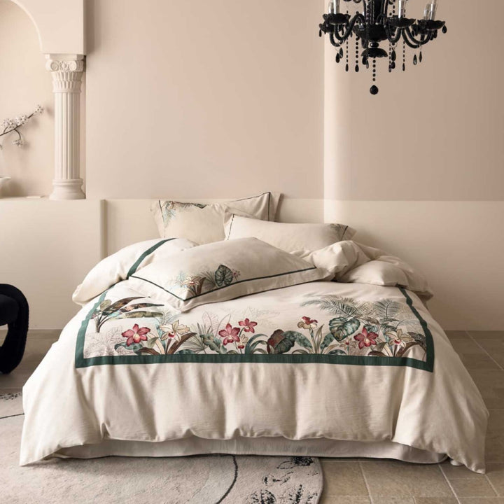Printed Cotton Duvet Cover Set with Botanical Toile Illustration