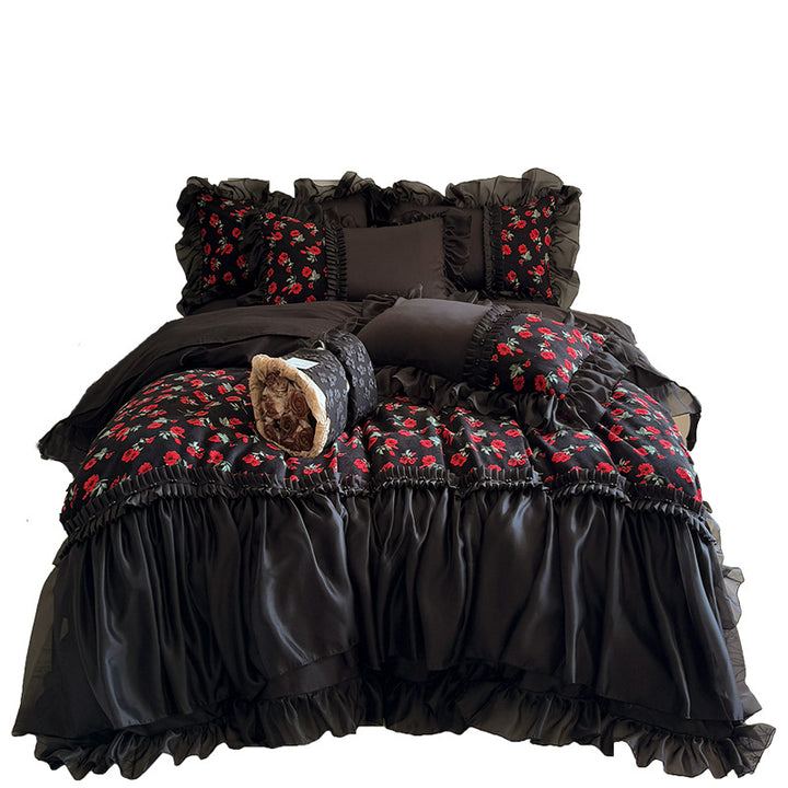 Luxury Romantic Ruffled Floral Satin Duvet Cover Bedding Set