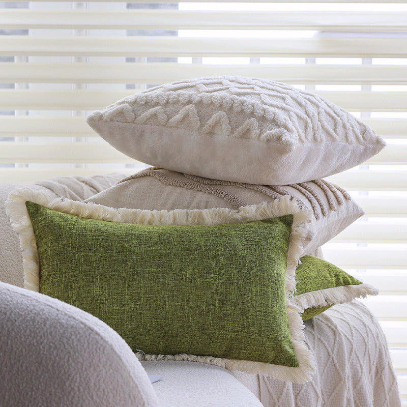 Rectangular cushion cover with woven linen look and decorative fringed edge Bowlift