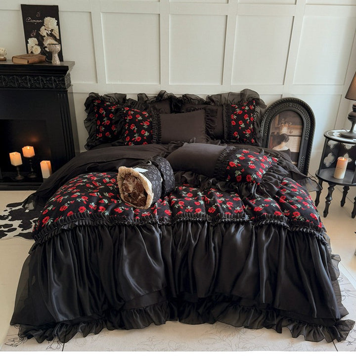 Luxury Romantic Ruffled Floral Satin Duvet Cover Bedding Set