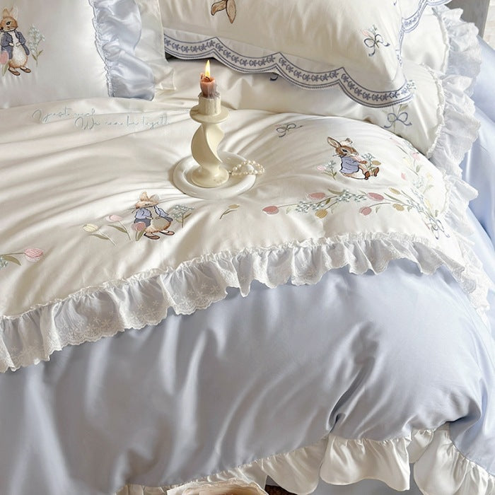 Romantic Ruffled Cotton Embroidered Duvet Cover Bedding Set