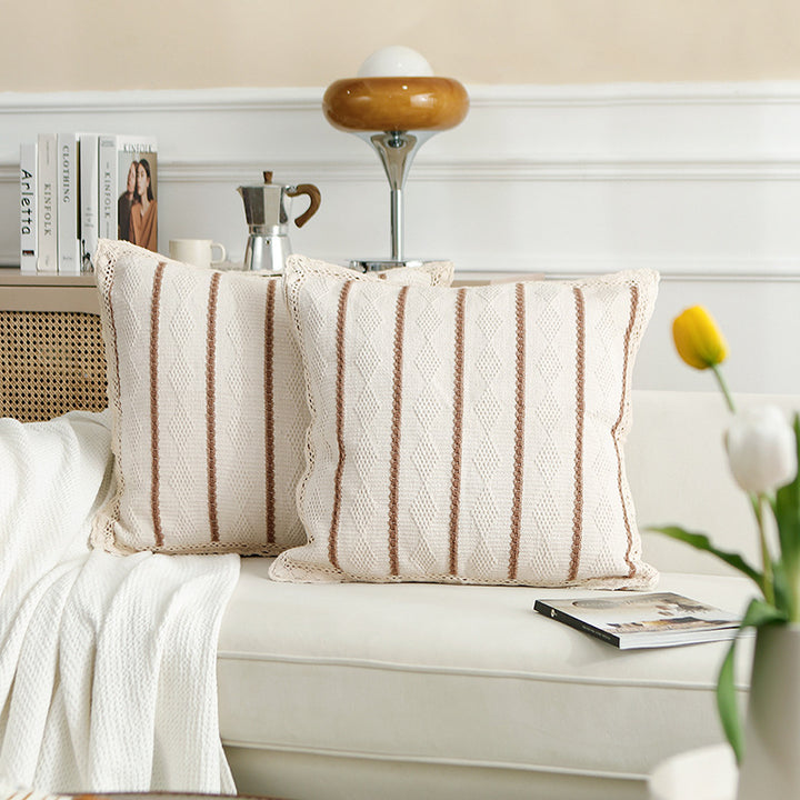 Knitted cushion cover with vertical texture rib and crochet border