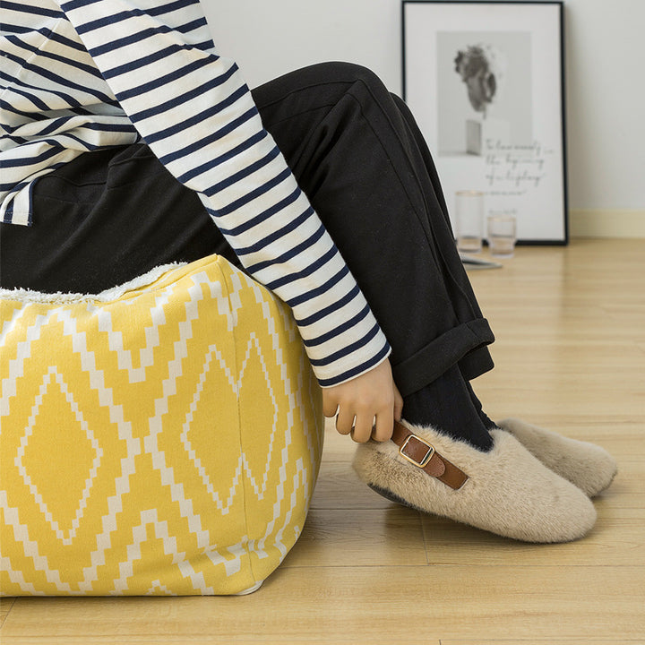Cubical seat pouf made of woven cotton blend with ethnic diamond pattern Bowlift