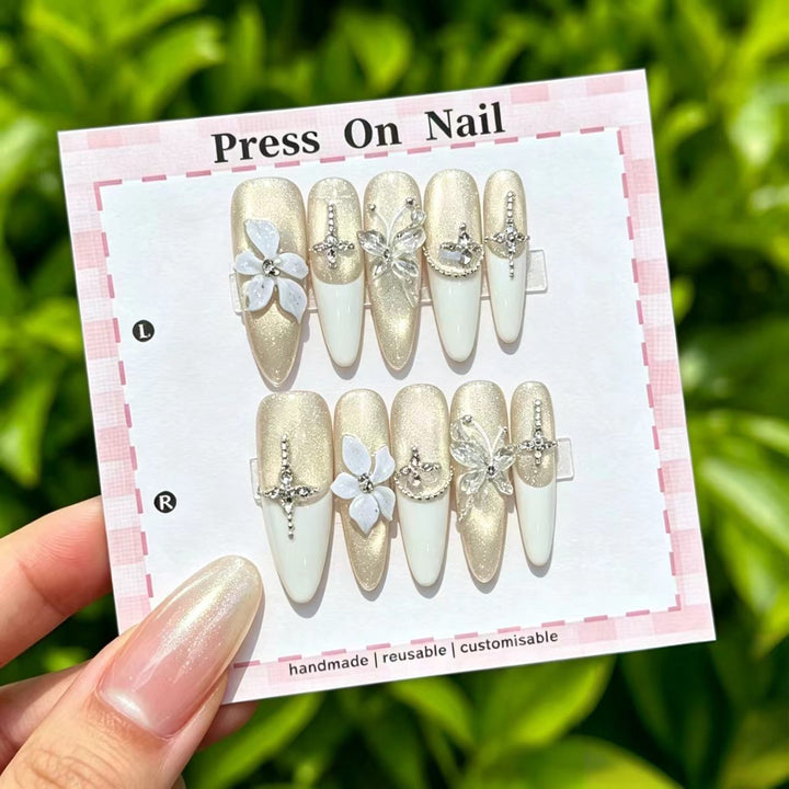 Handcrafted Decorative Press-On Nail Set with Crystal Accents