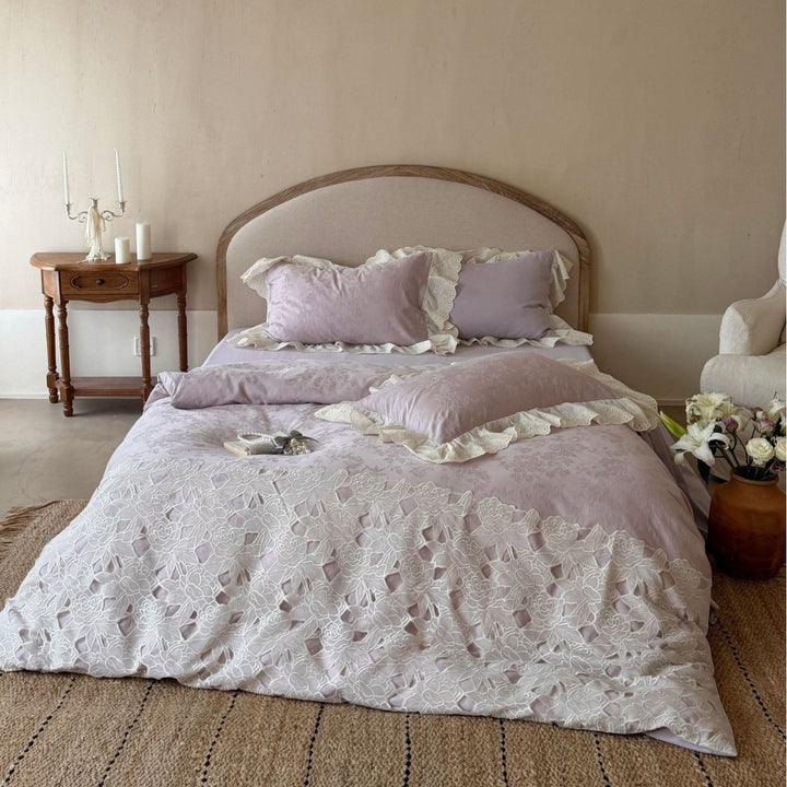 Luxurious cotton satin duvet cover set with embroidered cutwork lace and ruffle pillow