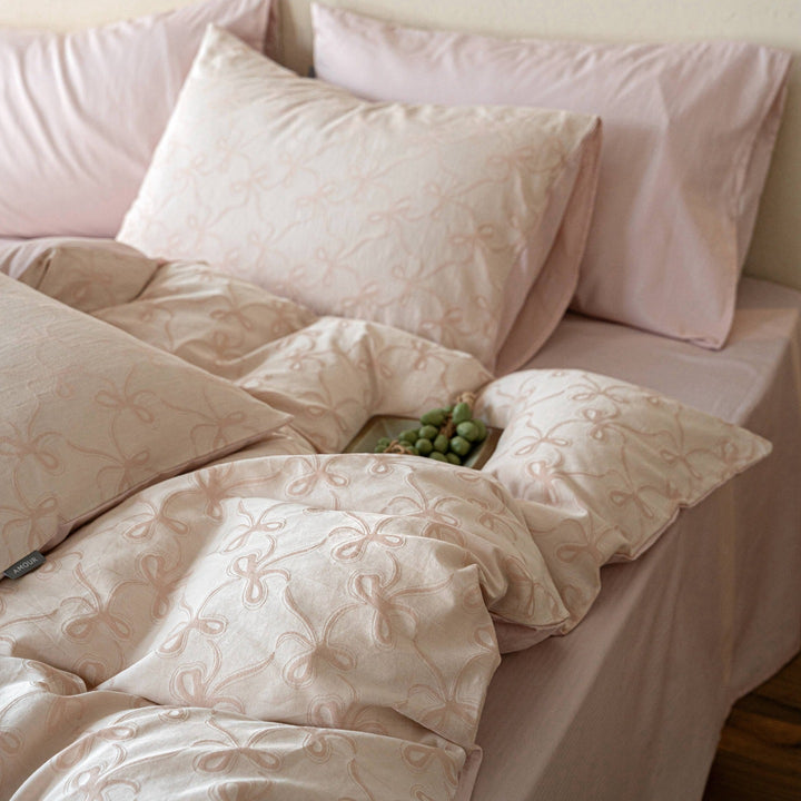 Reversible Cotton Sateen Duvet Cover Set with Embroidered Loop Bow Motif