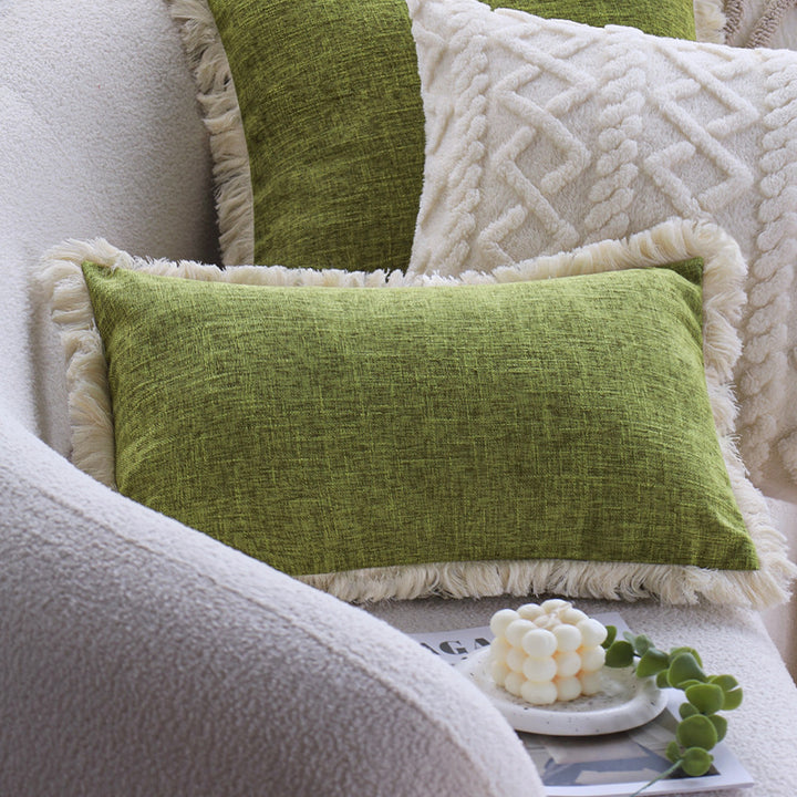 Rectangular cushion cover with woven linen look and decorative fringed edge Bowlift