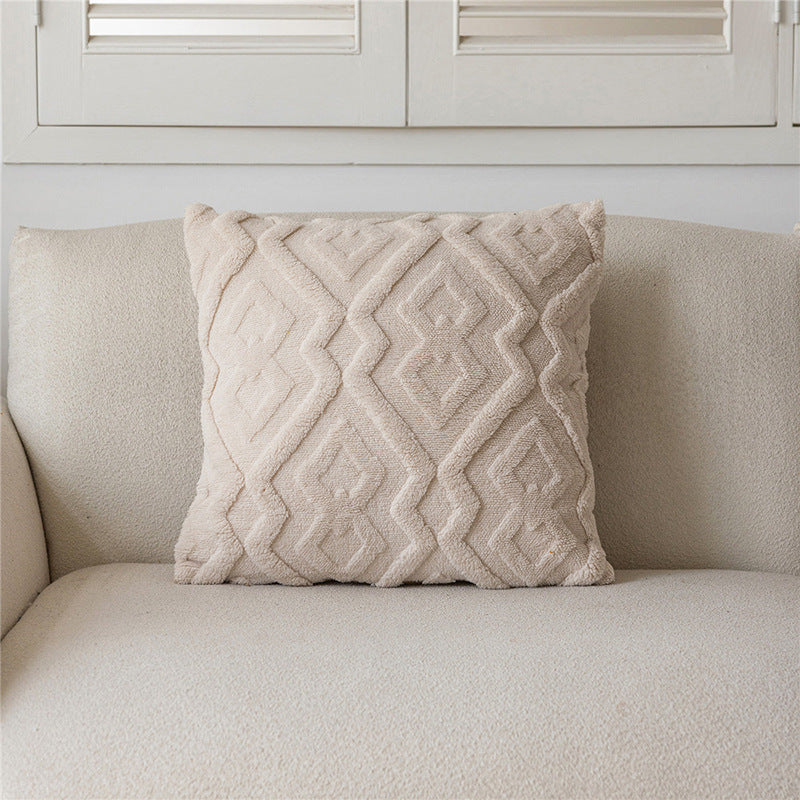 Hand-Tufted Diamond Geometric Chenille Square Cushion Cover with Plush Looped Texture