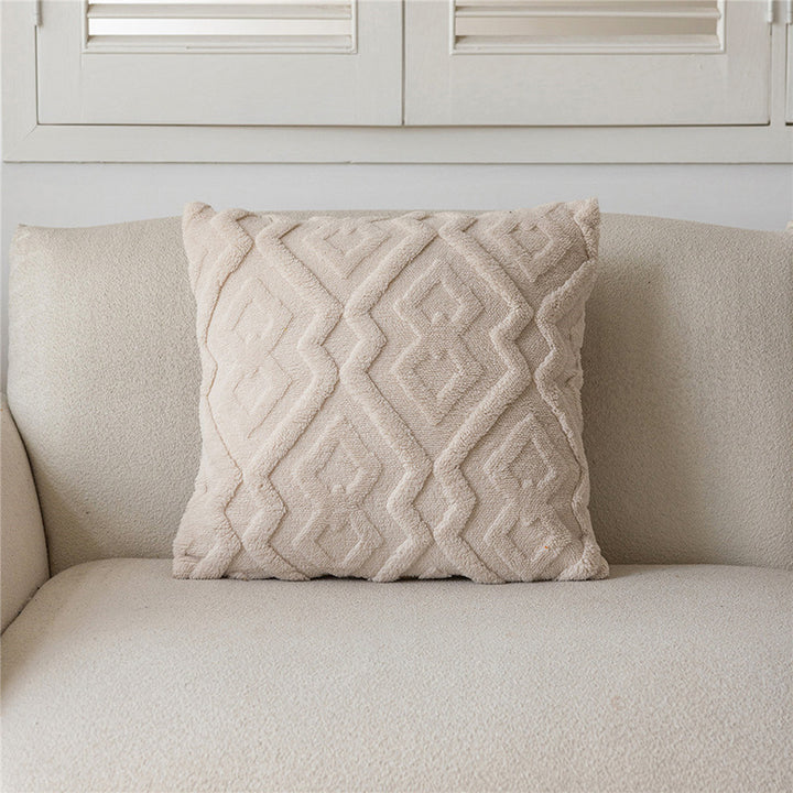 Hand-Tufted Diamond Geometric Chenille Square Cushion Cover with Plush Looped Texture