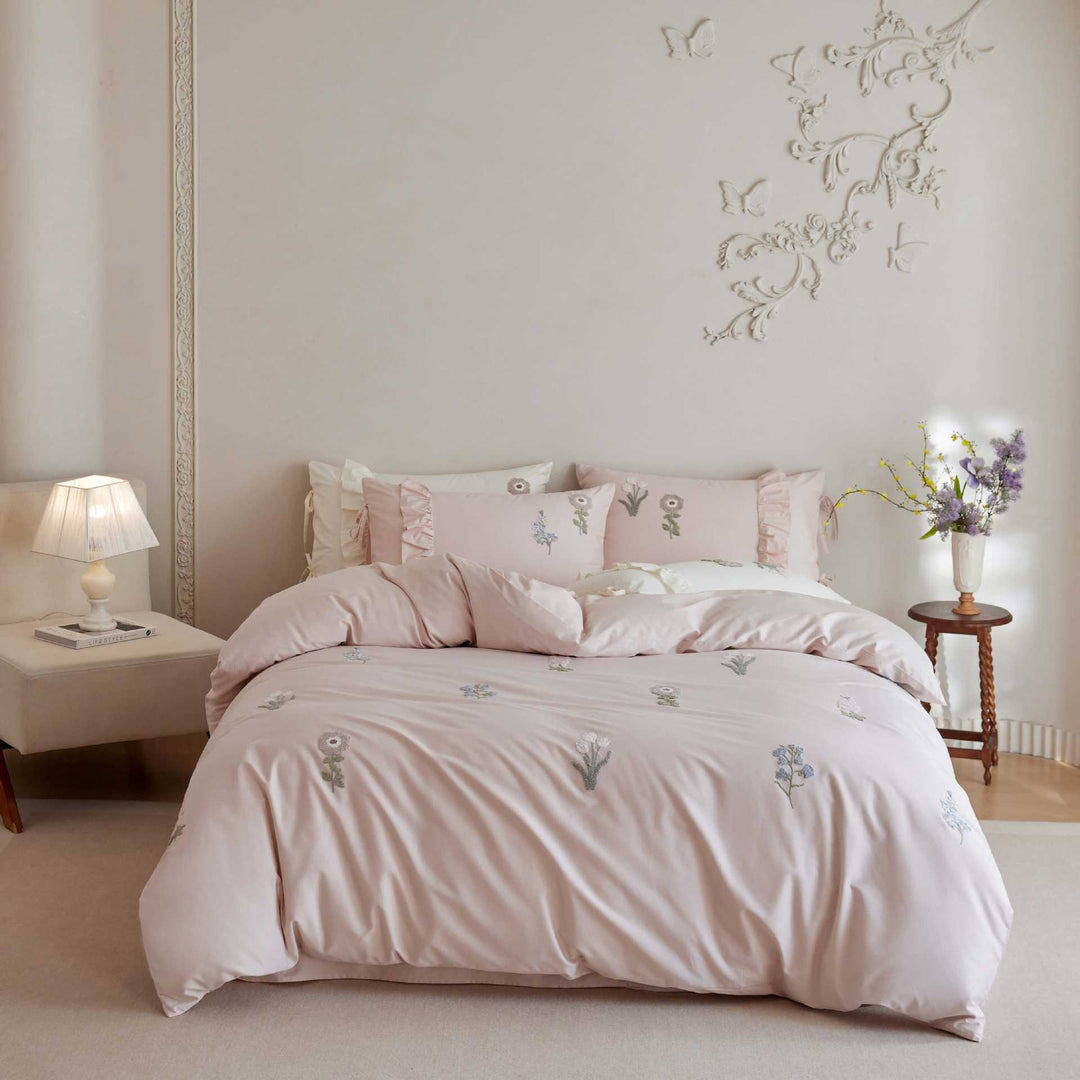 Botanical Embroidered Cotton Sateen Duvet Cover Set