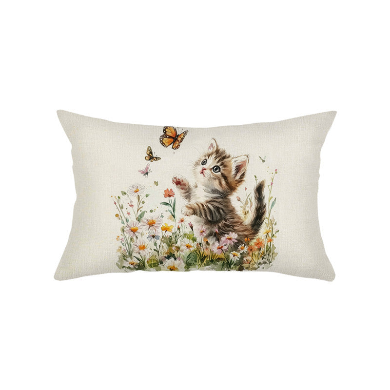 Rectangular Linen-Texture Decorative Throw Pillow Cover with Kitten and Wildflower Watercolor Print