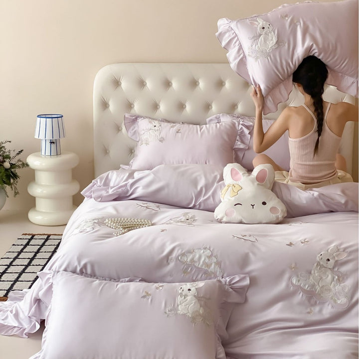 Satin Embroidered Ruffled Bedding Set with Decorative Shams