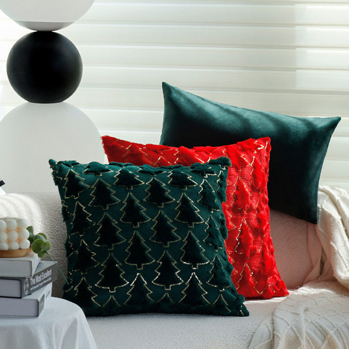 Rectangular decorative cushion cover with tufted Christmas tree application, faux fur texture and sequin trim Bowlift