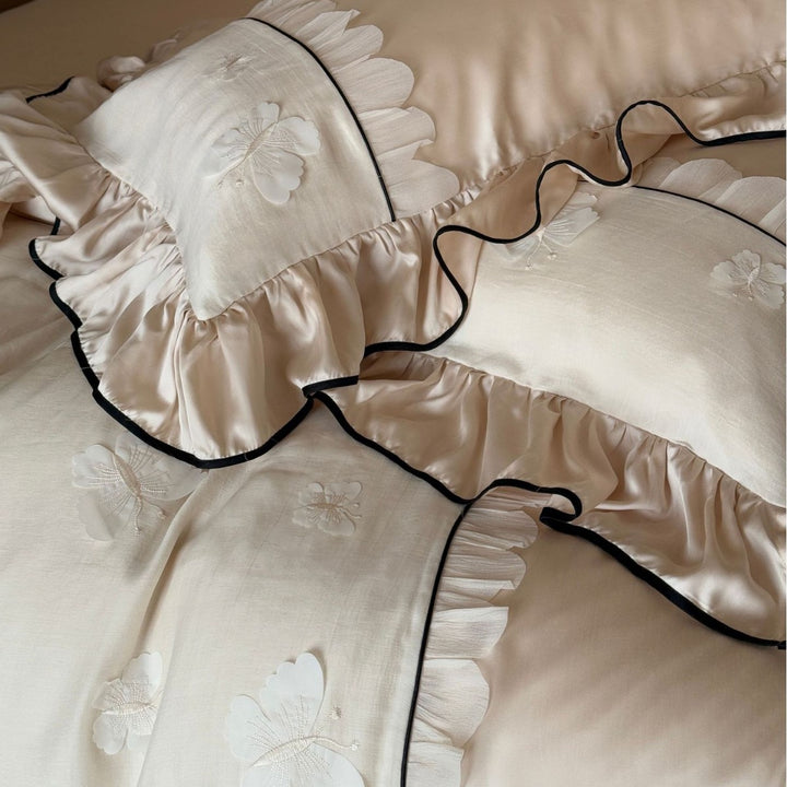 Luxurious Ruffled Bedding Set with Embroidered Butterflies