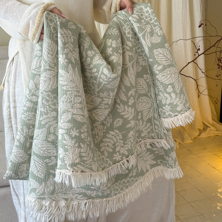 Floral Jacquard Cotton Throw with Fringed Edges