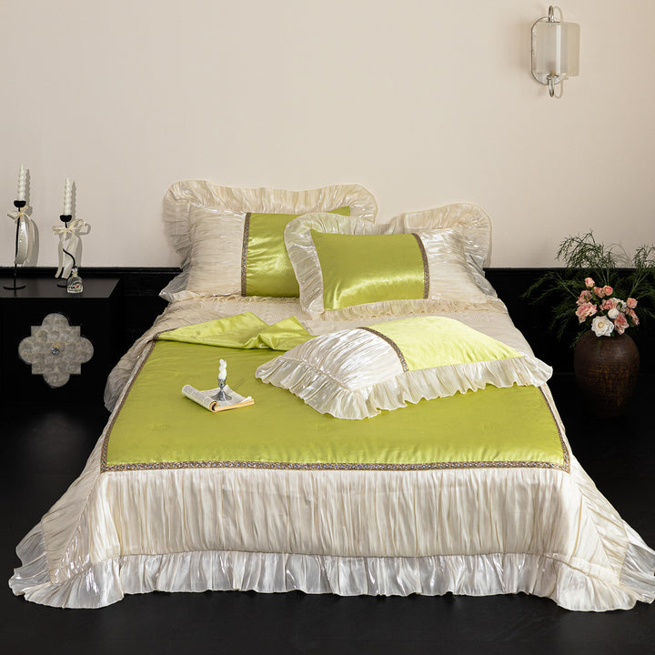 Luxury Satin Ruffled Bedspread and Decorative Pillow Set