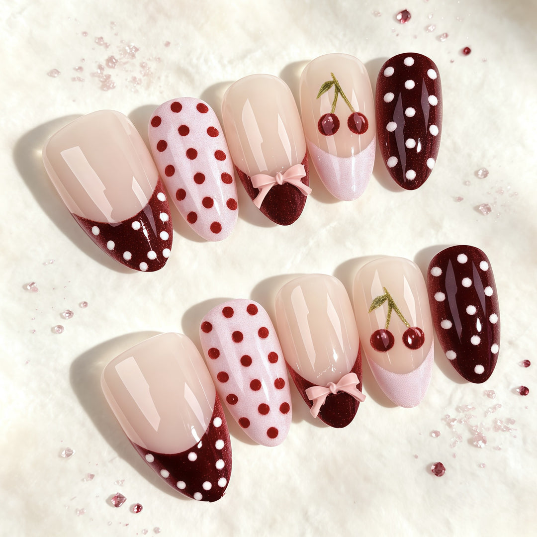 Artistic Floral and Polka Dot Press-On Nail Set