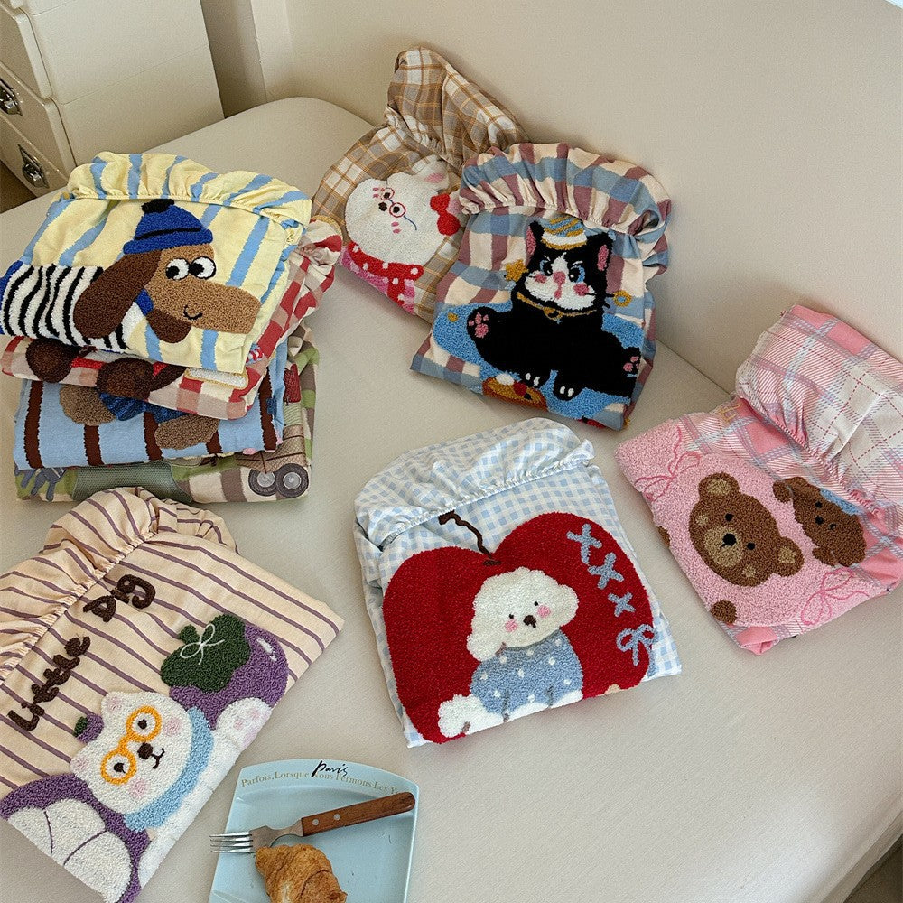 Gingham Check Cotton Fitted Sheet and Pillowcase Bedding Set with Embroidered Teddy