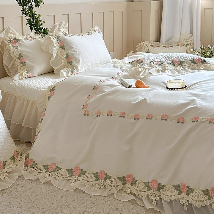 Luxurious Embroidered Ruffled Cotton Sateen Duvet Cover Set