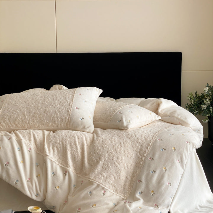 Quilted Embroidered Cotton Duvet Comforter Set with Pillow Shams and Bedspread