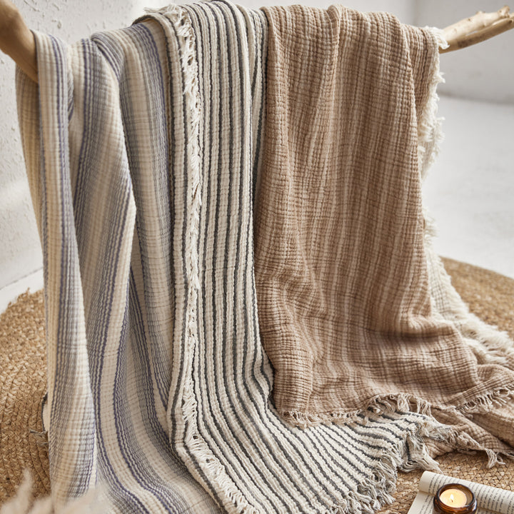 Striped cotton daybed cover with fringed hem