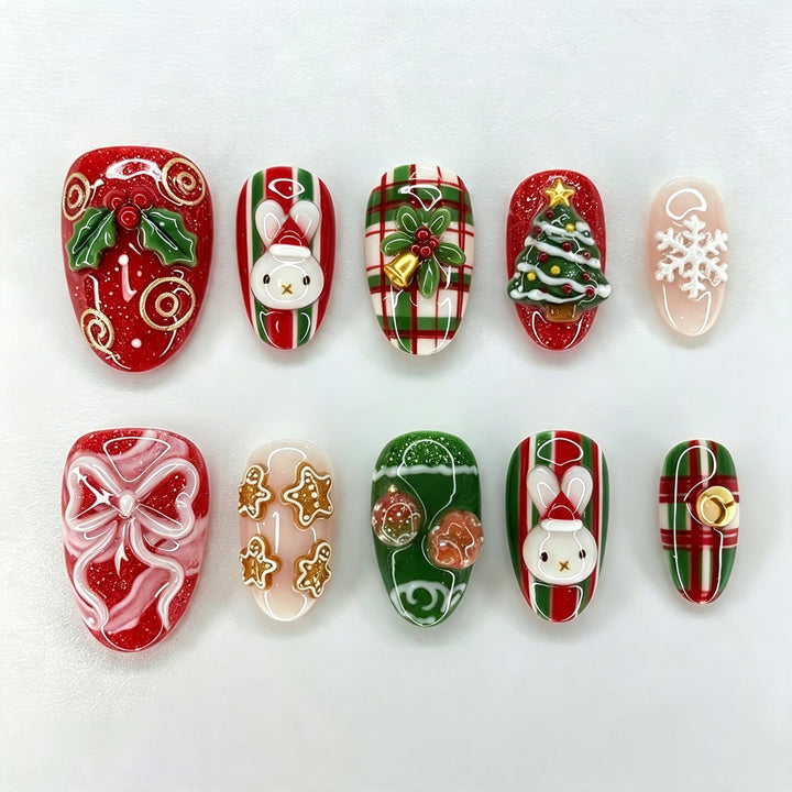 Festive Holiday-Inspired Press-On Nail Art Set Bowlift
