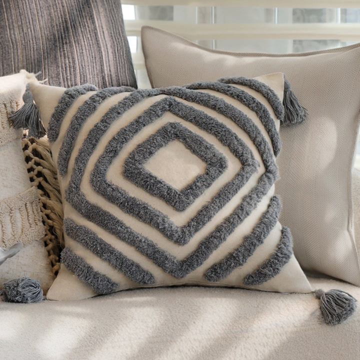 Rectangular linen look lumbar pillowcase with fine striped texture and tassels Bowlift