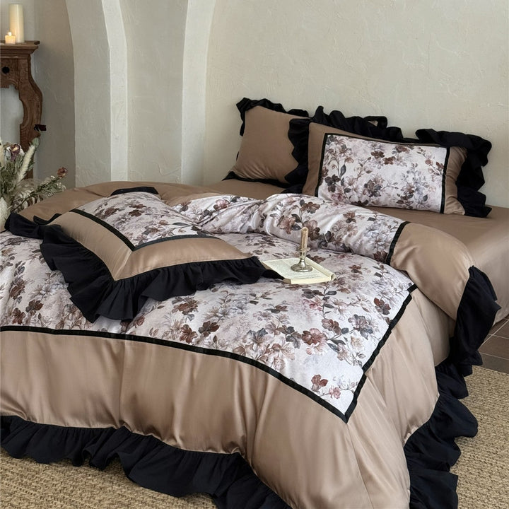 Luxury Floral Brushed Microfiber Duvet Cover Set with Piped Edging