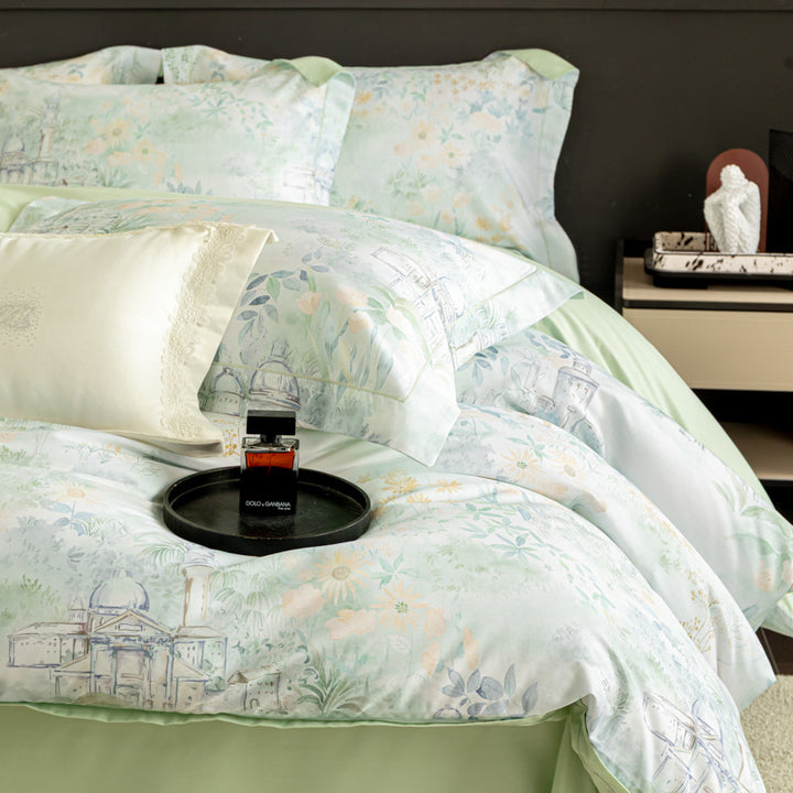 Luxurious cotton satin duvet cover set with watercolor flower pattern