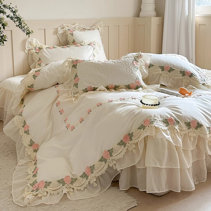 Luxurious Embroidered Ruffled Cotton Sateen Duvet Cover Set