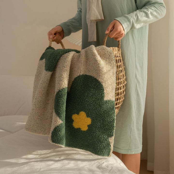 Chunky Knit Boucle Throw Blanket with Large Floral Motif and Teddy Texture Bowlift