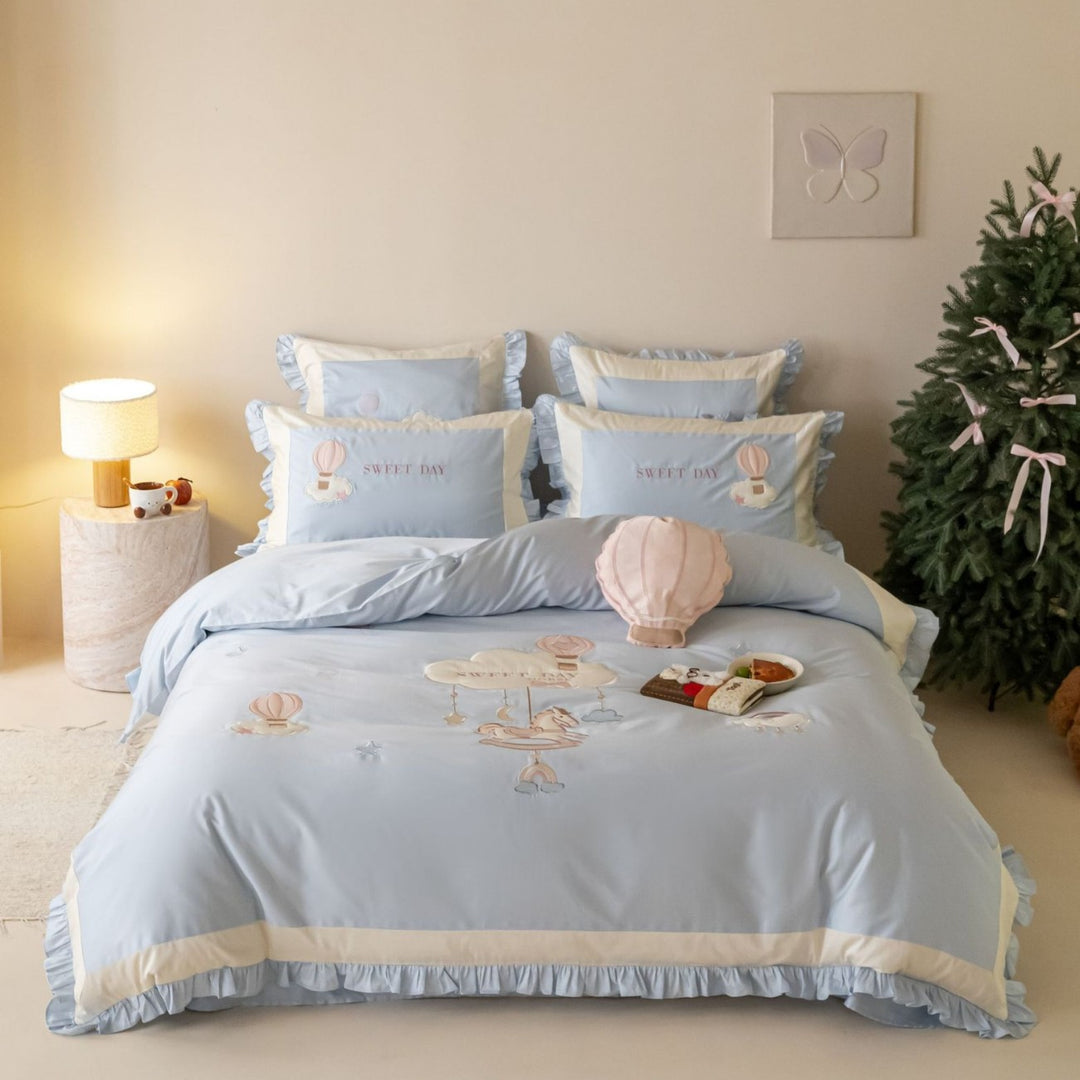 Ruffled Hot Air Balloon Embroidered Bedding Duvet Cover Set