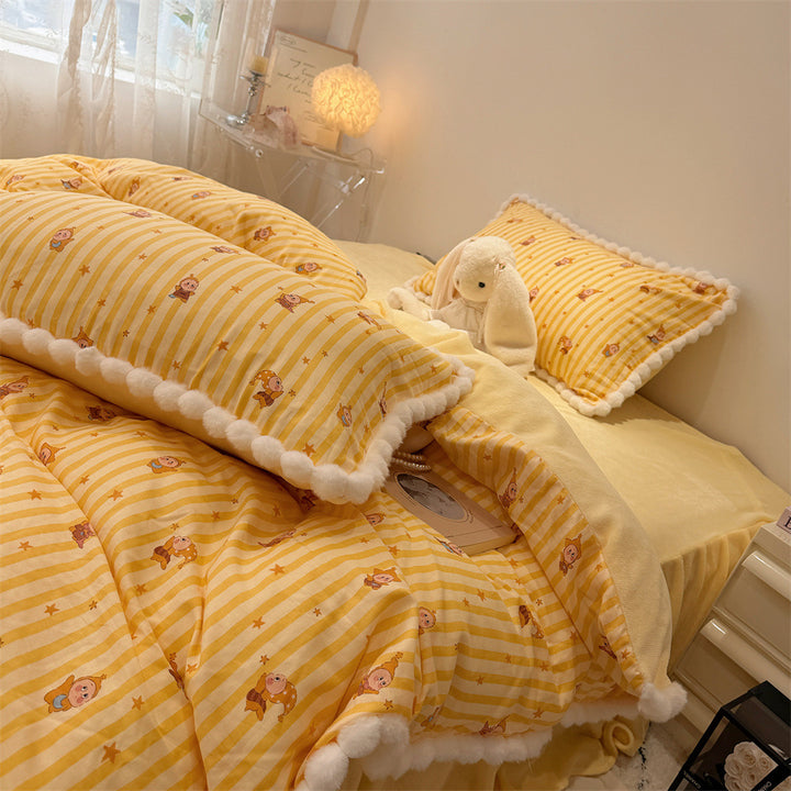 Cute bedding set with teddy fleece reversible function and pompom edge