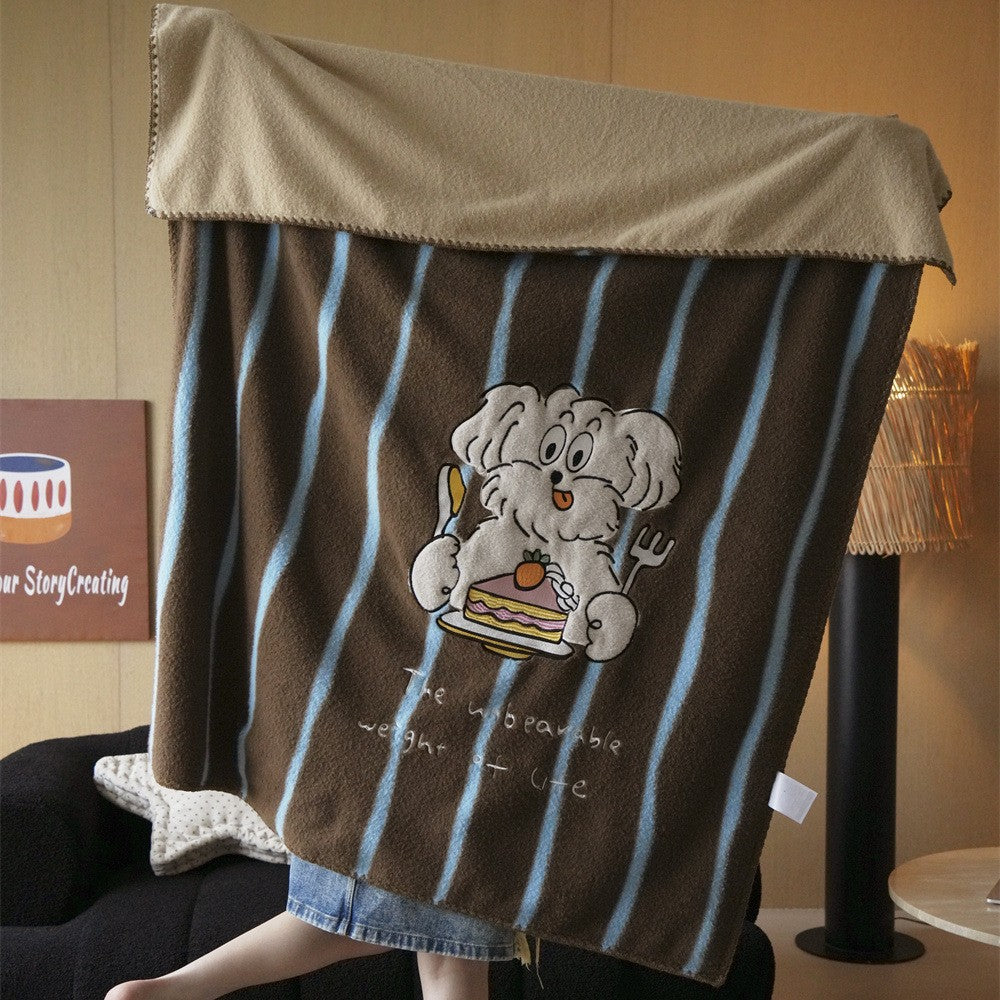 cozy reversible fleece throw blanket with striped design and sewn patch application