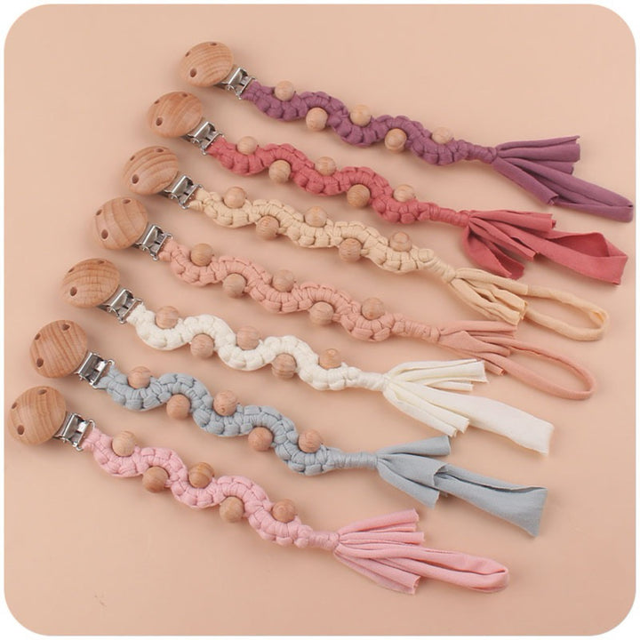 Macrame Boho Wooden-Bead Pacifier Holder Clip with Metal Safety Clamp