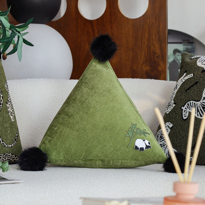 Triangular Decorative Back Cushion with Panda Embroidery and Fluffy Pom Poms Bowlift
