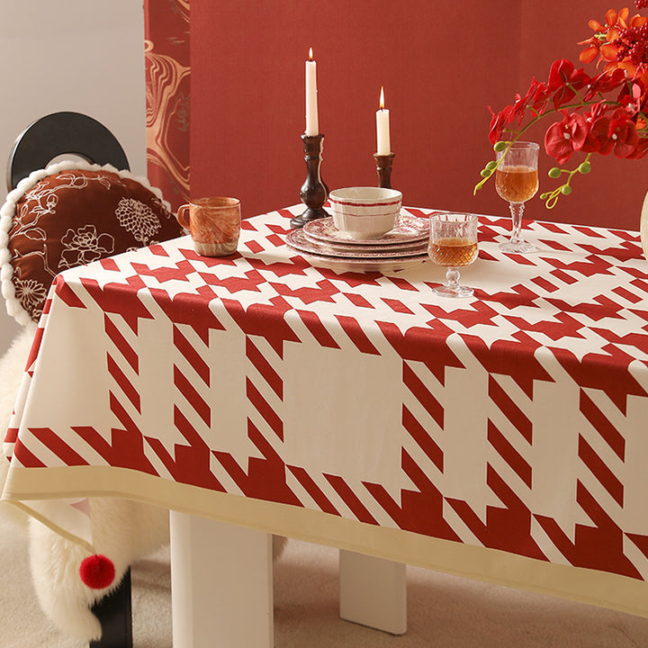 Rectangle wipeable tablecloth with diagonal checkered design and tassels Bowlift