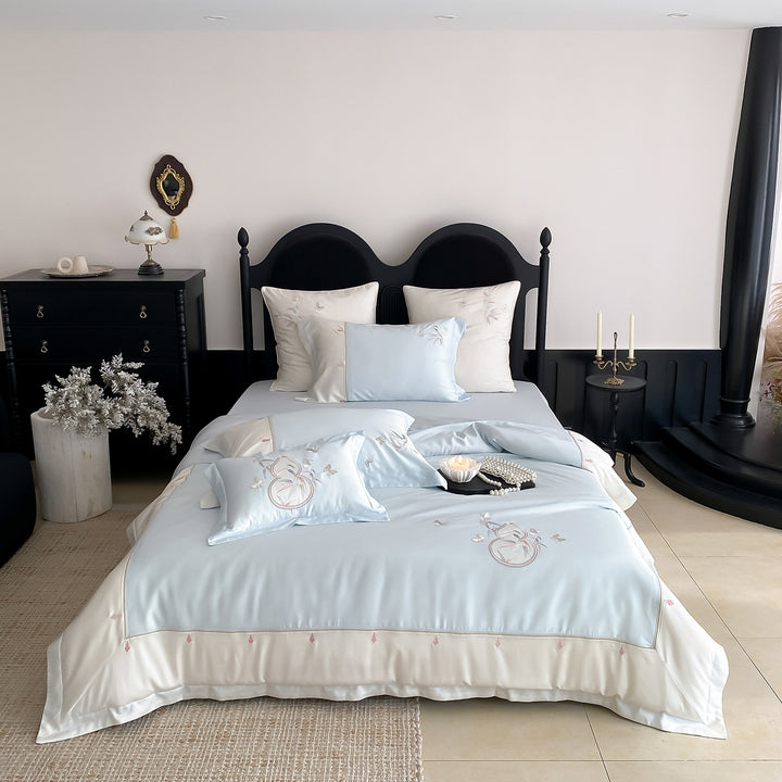 Embroidered Silk-Feel Duvet Cover & Pillowcase Bedding Ensemble