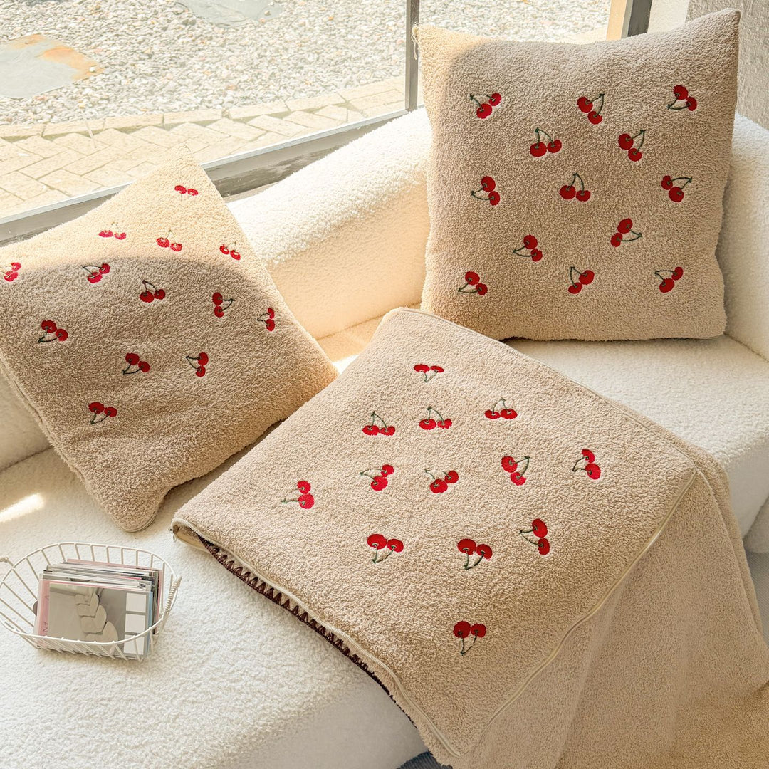 Sherpa Throw Blanket with Embroidered Cherry Motif and Matching Pillow Covers
