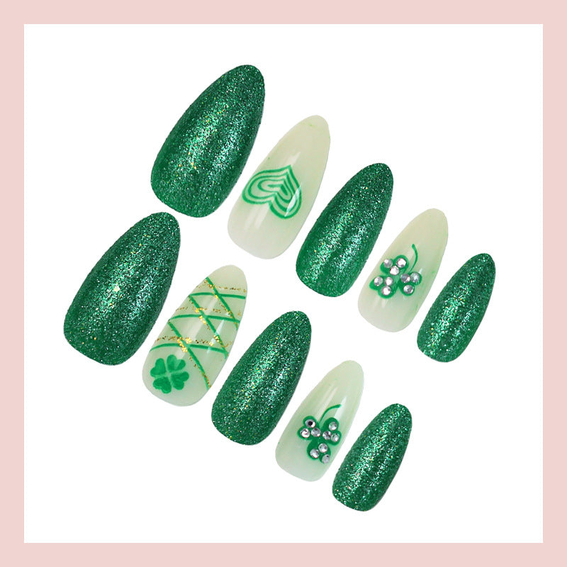 Artificial nail set with glamorous glitter and lucky designs Bowlift
