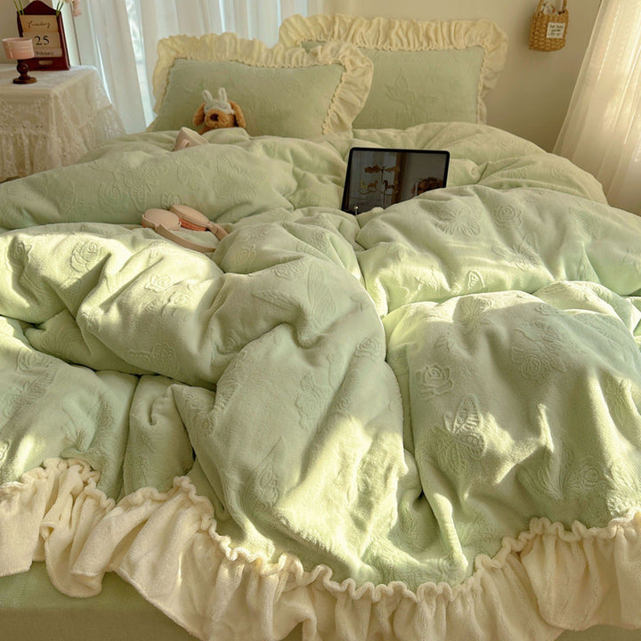 Plush Embroidered Butterfly Microfleece Reversible Comforter with Ruffle Trim